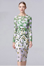 Long Sleeve Scoop Embroidery Knee-length Sheath / Column Cocktail Party / Prom Dress