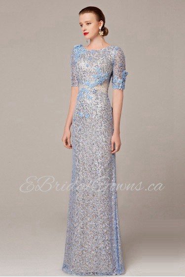 Hollow Out Half Sleeve Jewel Evening Dress Floor-length Sheath / Column