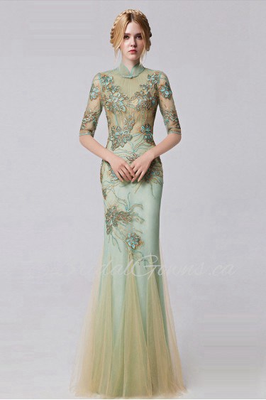 Trumpet / Mermaid High Neck Half Sleeve Sheath / Column Evening Dress Floor-length with Paillettes