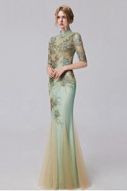 Trumpet / Mermaid High Neck Half Sleeve Sheath / Column Evening Dress Floor-length with Paillettes