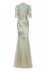 Trumpet / Mermaid High Neck Half Sleeve Sheath / Column Evening Dress Floor-length with Paillettes