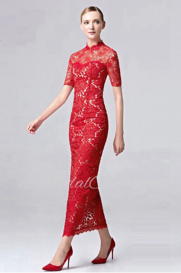 Lace High Neck Sheath / Column Ankle-length Evening / Prom Dress