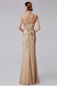 Short Sleeve High Neck Evening Dress Floor-length with Paillettes