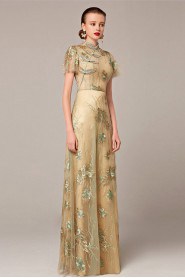 Short Sleeve High Neck Floor-length Evening Dress Sheath / Column with Embroidery