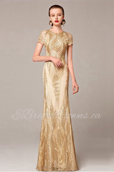 Short Sleeve Scoop Evening Dress Floor-length Sheath / Column with Crystal