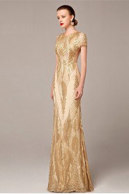 Short Sleeve Scoop Evening Dress Floor-length Sheath / Column with Crystal