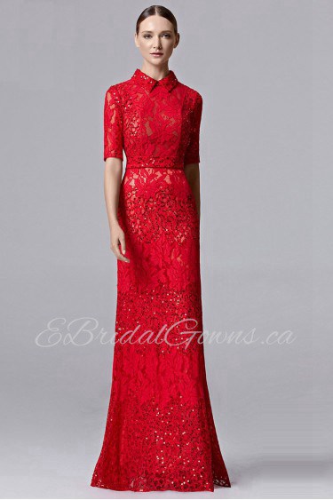 Half Sleeve Sheath / Column High Neck Evening Dress Floor-length