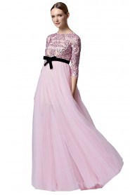 A-line 3/4 Length Sleeve Scoop Floor-length Evening / Prom Dress with Bow(s) Sash / Ribbon