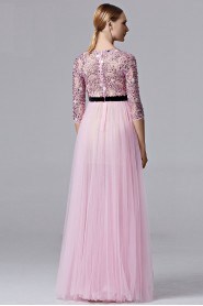 A-line 3/4 Length Sleeve Scoop Floor-length Evening / Prom Dress with Bow(s) Sash / Ribbon