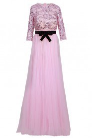 A-line 3/4 Length Sleeve Scoop Floor-length Evening / Prom Dress with Bow(s) Sash / Ribbon