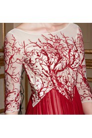 A-line Scoop 3/4 Length Sleeve Floor-length Evening / Prom Dress with Embroidery