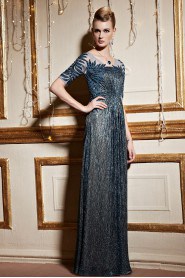 V-neck Floor-length Short Sleeve Sheath / Column Evening Dress with Embroidery