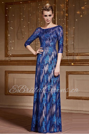 Half Sleeve Scoop Evening / Prom Dress A-line Floor-length with Crystal / Embroidery