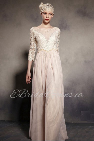 Hollow Out 3/4 Length Sleeve V-Neck Evening / Prom Dress with Paillettes