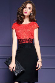 Lace Knee-length Short Sleeve Scoop Lace Mother of the Bride Dress