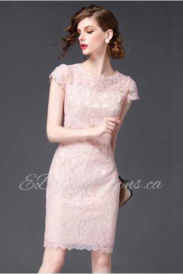 Organza Lace Sheath / Column Knee-length Short Sleeve Scoop Lace Mother of the Bride Dress