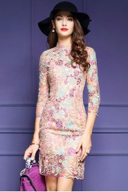 Sheath / Column Lace Knee-length 3/4 Length Sleeve High Neck Embroidery Mother of the Bride Dress