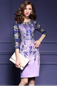 Tulle Sheath / Column Knee-length 3/4 Length Sleeve Scoop Embroidery Mother of the Bride Dress