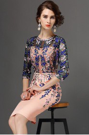 Tulle Sheath / Column Knee-length 3/4 Length Sleeve Scoop Embroidery Mother of the Bride Dress