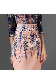 Tulle Sheath / Column Knee-length 3/4 Length Sleeve Scoop Embroidery Mother of the Bride Dress