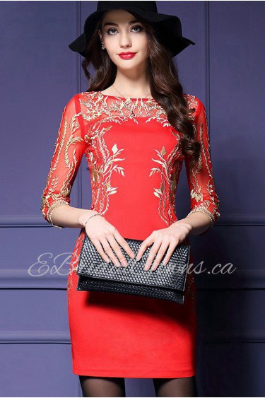 Knee-length 3/4 Length Sleeve Scoop Embroidery Mother of the Bride Dress