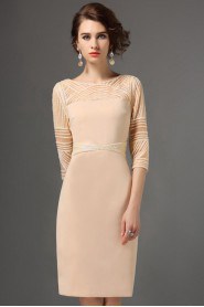 Tulle Sheath / Column Knee-length Short Sleeve Scoop Beading Mother of the Bride Dress