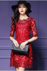 Knee-length Short Sleeve Scoop Embroidery,Lace Mother of the Bride Dress