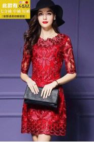 Knee-length Short Sleeve Scoop Embroidery,Lace Mother of the Bride Dress