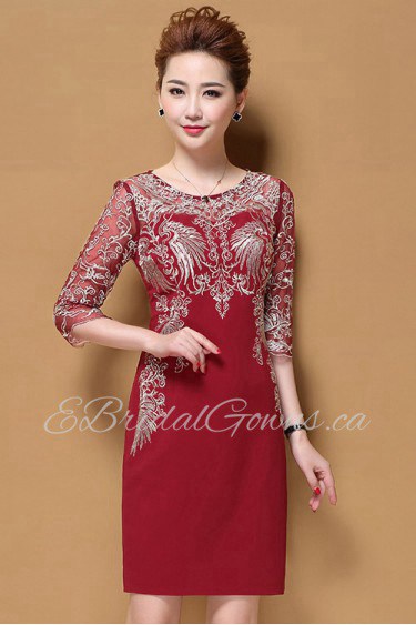 Knee-length Short Sleeve Scoop Embroidery,Lace Mother of the Bride Dress