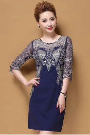 Knee-length Short Sleeve Scoop Embroidery,Lace Mother of the Bride Dress