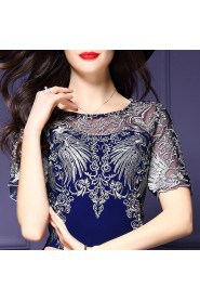 Knee-length Short Sleeve Scoop Embroidery,Lace Mother of the Bride Dress