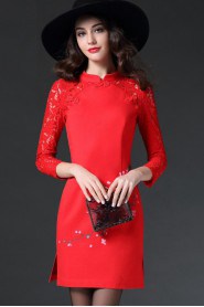 Lace Short / Mini 3/4 Length Sleeve Lace Mother of the Bride Dress