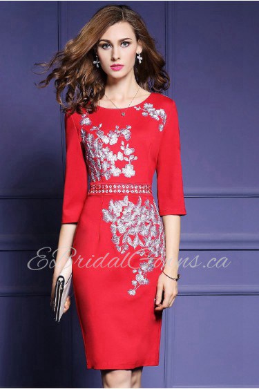 Knee-length 3/4 Length Sleeve Scoop Embroidery Mother of the Bride Dress