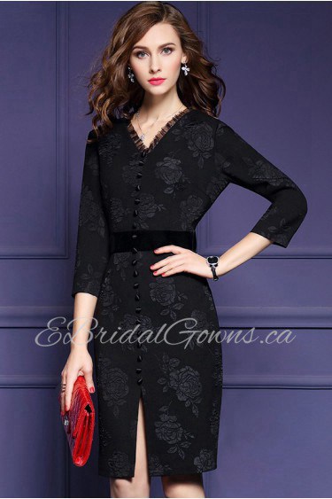 Lace Knee-length 3/4 Length Sleeve V-neck Mother of the Bride Dress