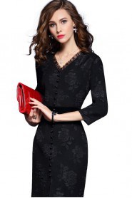 Lace Knee-length 3/4 Length Sleeve V-neck Mother of the Bride Dress