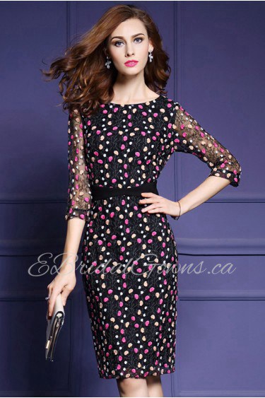 Sheath / Column Knee-length 3/4 Length Sleeve Scoop Embroidery Mother of the Bride Dress