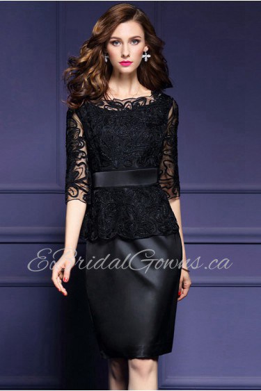 Lace Sheath / Column Knee-length 3/4 Length Sleeve Jewel Embroidery,Lace Mother of the Bride Dress