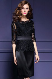 Lace Sheath / Column Knee-length 3/4 Length Sleeve Jewel Embroidery,Lace Mother of the Bride Dress