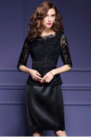 Lace Sheath / Column Knee-length 3/4 Length Sleeve Jewel Embroidery,Lace Mother of the Bride Dress