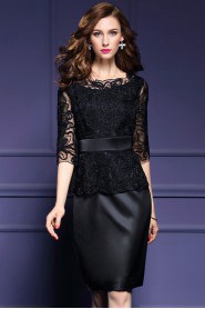 Lace Sheath / Column Knee-length 3/4 Length Sleeve Jewel Embroidery,Lace Mother of the Bride Dress