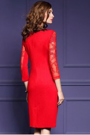 Sheath / Column Lace Tulle Knee-length 3/4 Length Sleeve Scoop Embroidery Mother of the Bride Dress