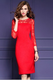 Sheath / Column Lace Tulle Knee-length 3/4 Length Sleeve Scoop Embroidery Mother of the Bride Dress