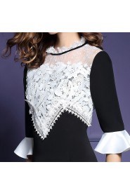 Sheath / Column Lace Hollow Out Knee-length 3/4 Length Sleeve Jewel Lace Mother of the Bride Dress