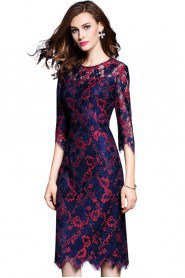 Sheath / Column Lace Knee-length 3/4 Length Sleeve Scoop Lace Mother of the Bride Dress