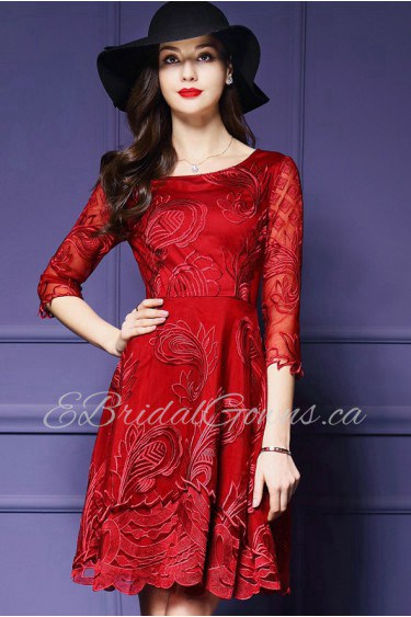 Tulle Knee-length 3/4 Length Sleeve Scoop Embroidery Mother of the Bride Dress