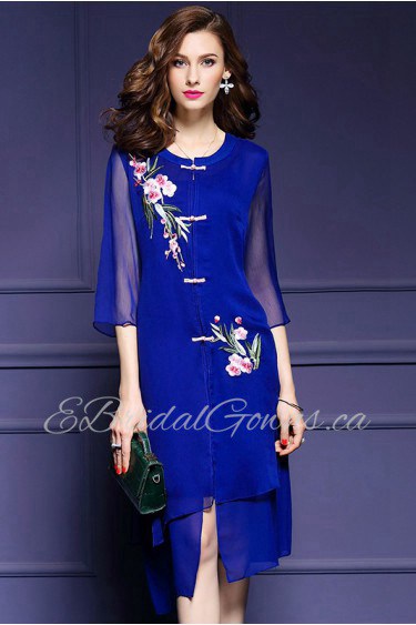 Sheath / Column Knee-length 3/4 Length Sleeve Scoop Placket:Button Embroidery Chiffon Mother of the Bride Dress