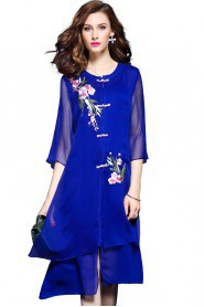 Sheath / Column Knee-length 3/4 Length Sleeve Scoop Placket:Button Embroidery Chiffon Mother of the Bride Dress