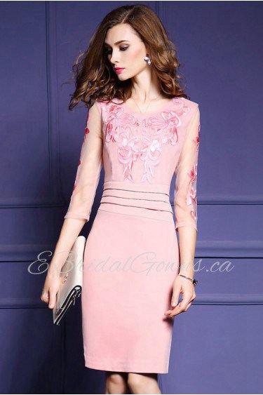 Tulle Sheath / Column Sheath / Column Knee-length 3/4 Length Sleeve Scoop Embroidery Mother of the Bride Dress