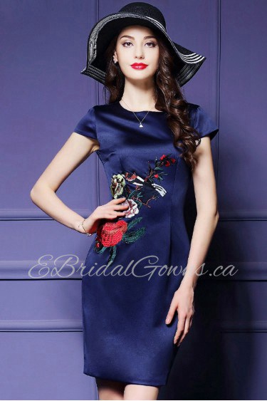 Sheath / Column Knee-length Short Sleeve Scoop Embroidery Mother of the Bride Dress