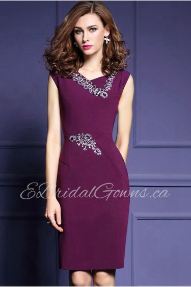 Sheath / Column Knee-length Sleeveless V-neck Beading Mother of the Bride Dress